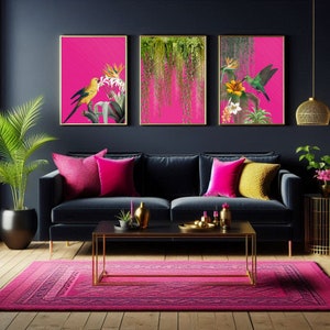 Stampe d'arte da parete massimaliste tropicali rosa caldo / Set di 3, decorazioni da parete botaniche con uccelli esotici e giungla