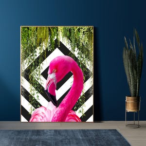 Quirky Tropical Flamingo Print on Geometric Black & White Background | Bold Maximalist Flamingo Wall Art