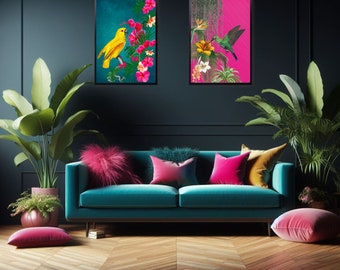 Tropical Maximalist Bird Set | Vibrant Hot Pink and Teal Exotic Bird Prints | Bold Jungle Wall Art for Maximalist Interiors