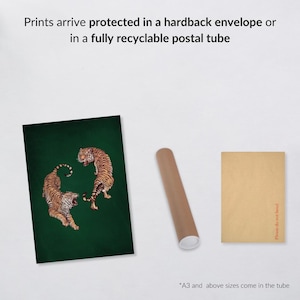 Op de afbeelding: Twee tijgers die elkaar in een cirkel op een groene achtergrond aankijken. De print is beschermd in een harde envelop of een volledig recyclebare verzendbuis. *A3 en grotere formaten worden in de buis geleverd.  Niet buigen.