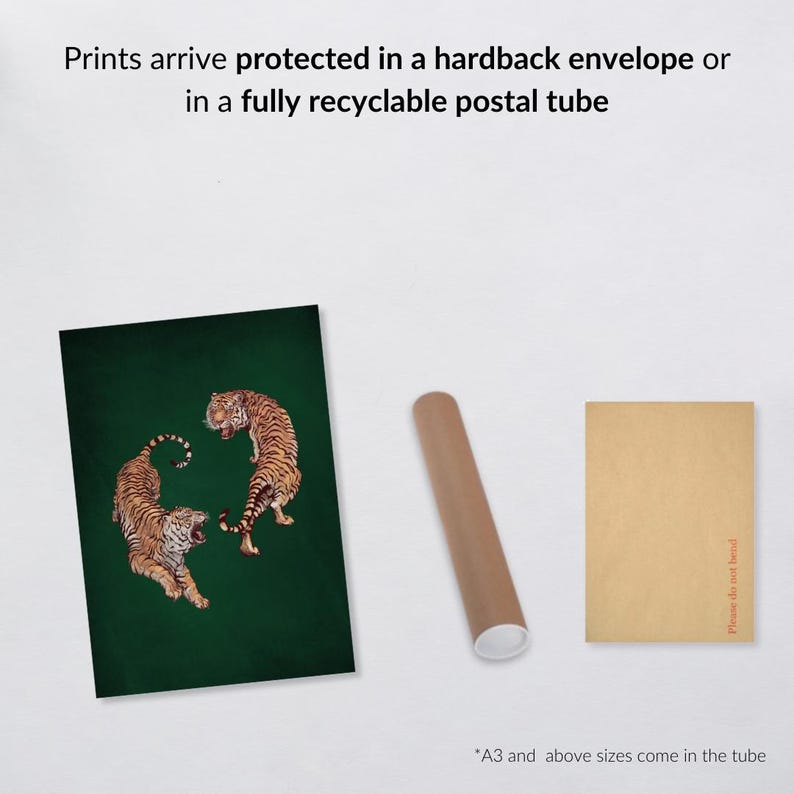 Op de afbeelding: Twee tijgers die elkaar in een cirkel op een groene achtergrond aankijken. De print is beschermd in een harde envelop of een volledig recyclebare verzendbuis. *A3 en grotere formaten worden in de buis geleverd.  Niet buigen.