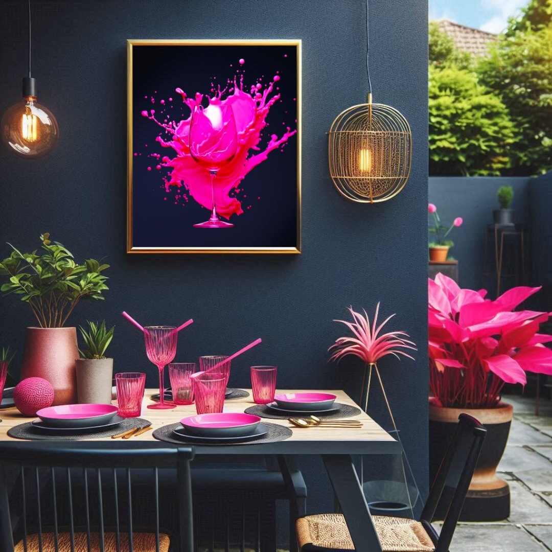 Levendige roze abstracte wijnglasprint | Felroze spatten op donkerblauwe  achtergrond | Gedurfde, op wijn geïnspireerde muurkunst - Etsy België, image size:1080x1080