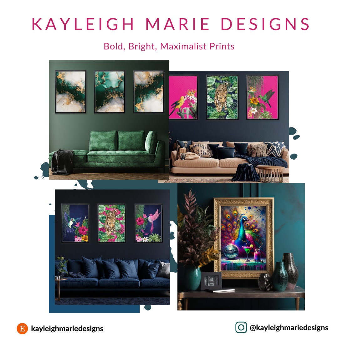 Vibrant Tropical Maximalist Art Print Set of 3 - Navy, Pink & Yellow ...