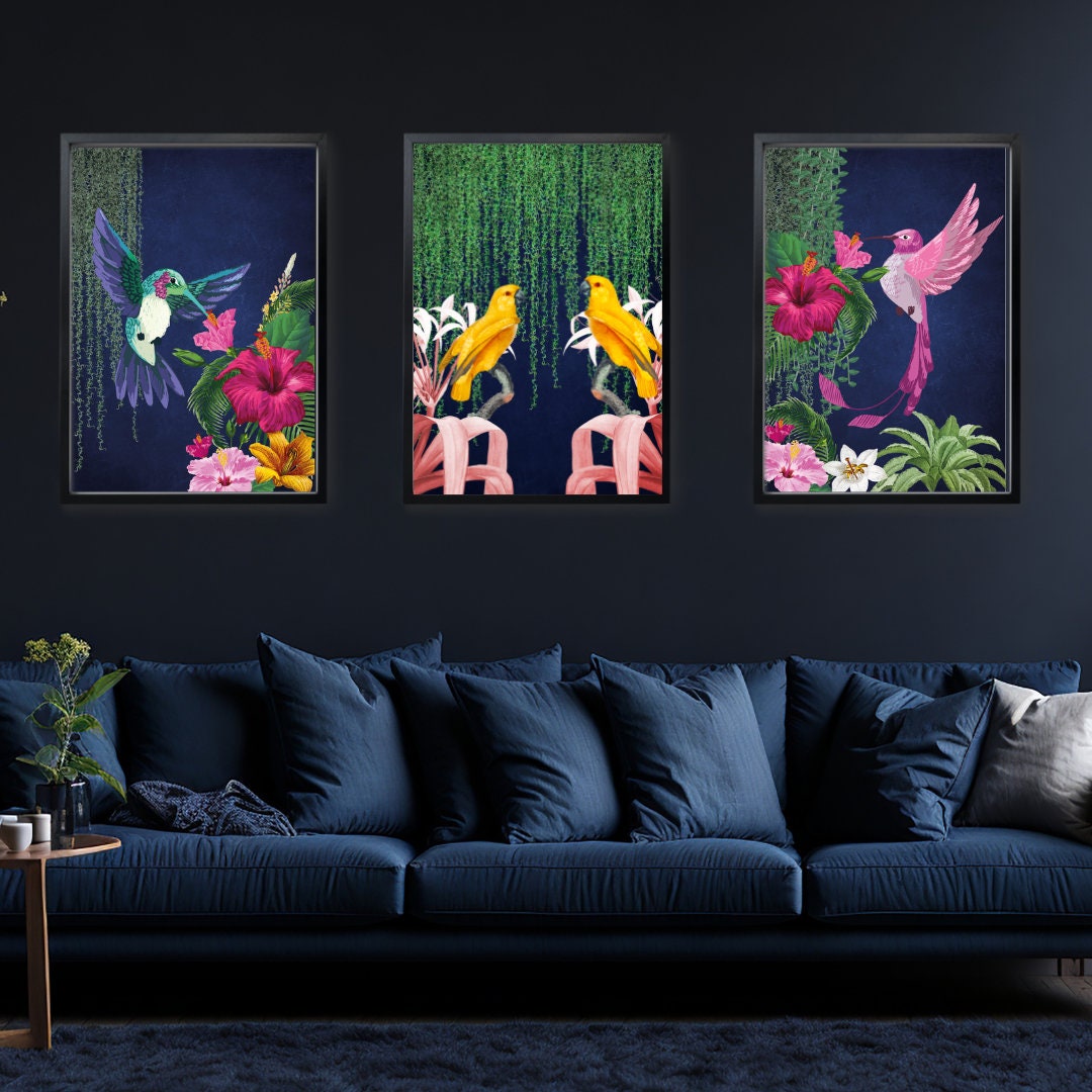 Vibrant Tropical Maximalist Art Print Set of 3 - Navy, Pink & Yellow ...
