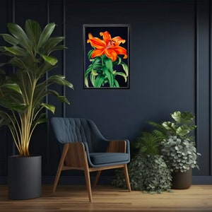 Vibrant Orange Tropical Flower on Dark Navy Background Print Bold Large Maximalist Botanical Wall Poster image 2