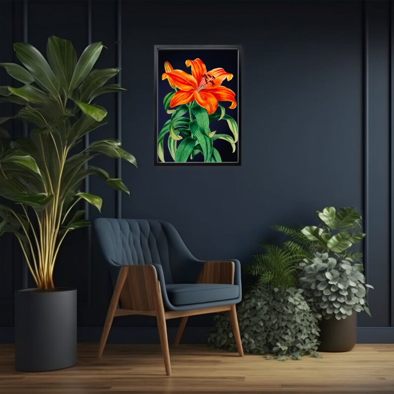 Vibrant Orange Tropical Flower on Dark Navy Background Print Bold Large Maximalist Botanical Wall Poster image 2
