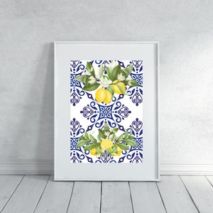 May include: A white background with a blue and white patterned design featuring lemons and lemon blossoms. The pattern is repeated twice on the image.