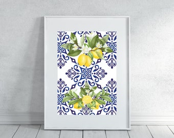 Maximalist Lemon Wall Art, Mediterranean Pattern Wall Print,