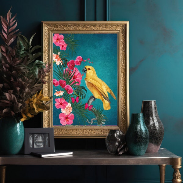 Exotic Vibrant Teal Tropical Print with Yellow Bird – Maximalist Tropical-Style Wall Art