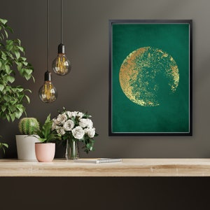 Emerald Green and Gold Moon Print, Celestial Wall Prints, Luxury Wall Print