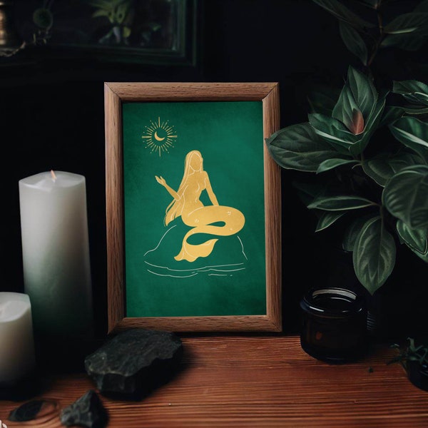 Emerald Green and Gold Mermaid Print, Dark Aesthetic Mermaid Wall Art