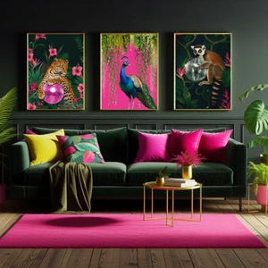 May include: Three framed prints with a jungle theme. The prints feature a leopard holding a disco ball, a peacock, and a lemur holding a disco ball. The prints are hung on a dark green wall above a green velvet sofa with pink and yellow cushions.