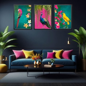 Conjunto de estampados de aves maximalistas tropicales vibrantes: conjunto de estampados de aves exóticas en verde azulado y jungla de pavo real rosa fuerte / conjunto de 3 estampados de aves exóticas