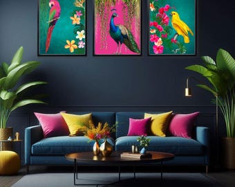 Vibrant Tropical Maximalist Bird Print Set - Teal Exotic Birds & Hot Pink Peacock Jungle Print Set | Exotic Bird Print Set of 3