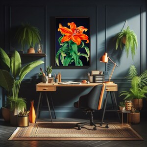 Vibrant Orange Tropical Flower on Dark Navy Background Print Bold Large Maximalist Botanical Wall Poster image 4