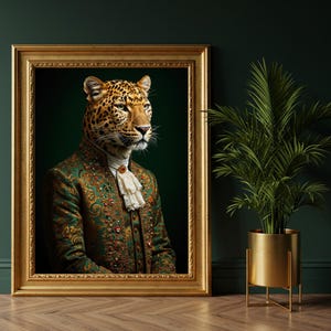 May include: A painting of a leopard wearing a green and gold embroidered suit with a white lace collar. The painting is framed in a gold frame and set against a dark green background.