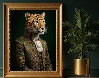 Regal Leopard Portrait Print | Maximalist Baroque Wall Art | Dark Luxe Animal Decor | Vintage-Inspired Statement Artwork