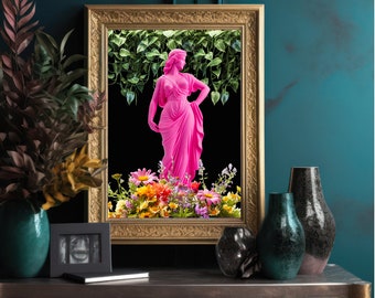Hot Pink Greek Goddess Statue Art Print - Maximalist Botanical and Bright Floral Wall Decor