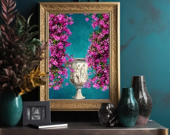 Mediterranean Inspired Vibrant Bougainvillea & Ancient Greek Urn Wall Print with Teal Background