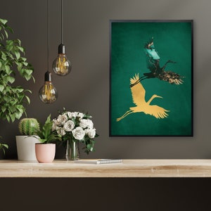 Emerald Green and Gold Crane Print, Crane Birds Wall Art, Japanese Inspired Crane Print