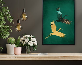 Emerald Green and Gold Crane Print, Crane Birds Wall Art, Japanese Inspired Crane Print