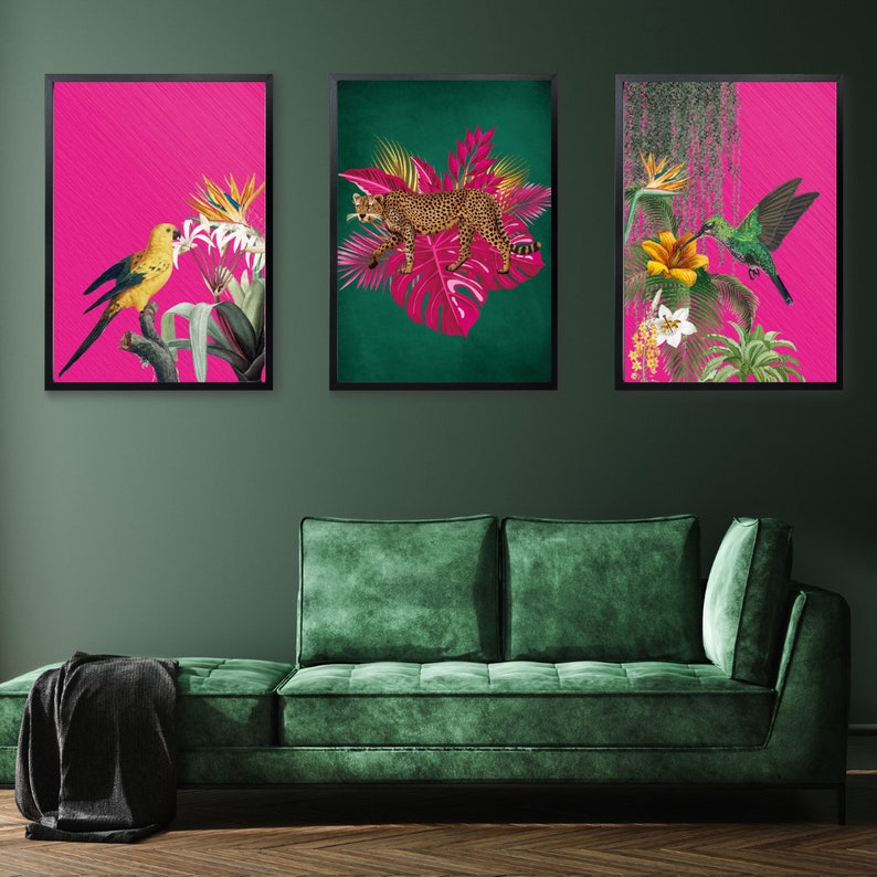 Tropical Maximalist Set of 3 Prints | Jungle Wall Art | Emerald Green ...