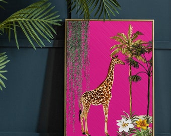 May include: A framed print of a giraffe standing in a tropical jungle setting. The giraffe is brown and white with a long neck and long legs. The background is a bright pink with green palm trees and vines.