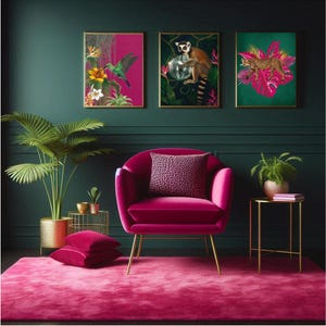 Smaragd Leopard, Lemur Disco, & dunkel pink Kolibri - Tropische Dschungel Wand Kunst (3er Set)