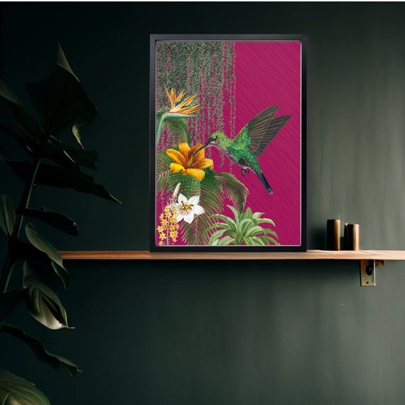 Dark Pink Tropical Hummingbird Print, Moody Maximalist Wall Art