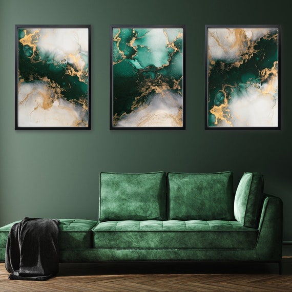 Emerald Green & Gold Fluid Ink Print Set Living Room Wall - Etsy