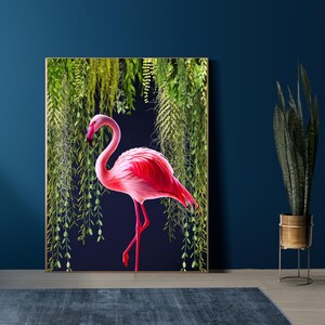 Vibrant Flamingo Wall Poster | Tropical Jungle Wall Decor | Exotic Bird on Navy Background | Maximalist Flamingo Wall Art