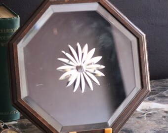 Small Sunburst Art Deco Mirror Antique Decorative Religious or Spiritual Symbolism of Hope, Light & Rebirth in a Octagon Wooden Frame