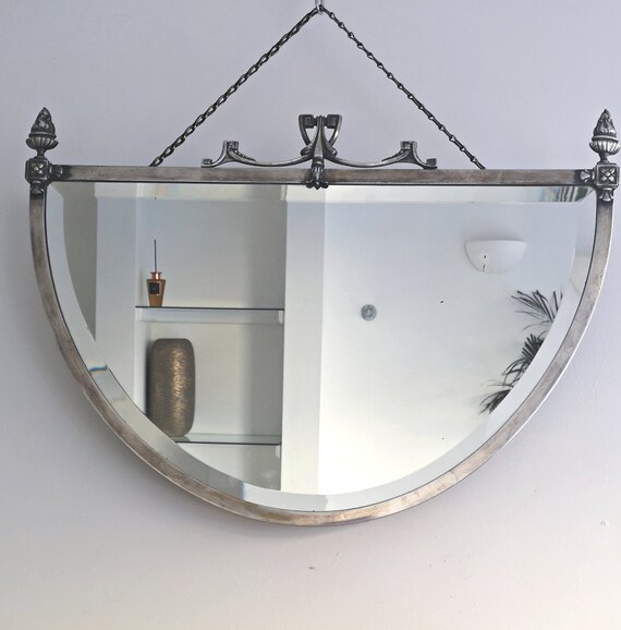 Large Antique Mirror Silver Metal Framed Crest Fabric Back Extra Wall Victorian Edwardian Era