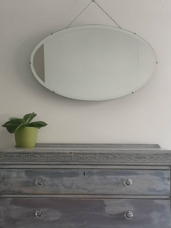 Large Classic Art Deco Mirror Oval Beveled Edge Wall Art Deco Mirror Oval Beveled Edge, Large Bevelled Edge Oval Mirror