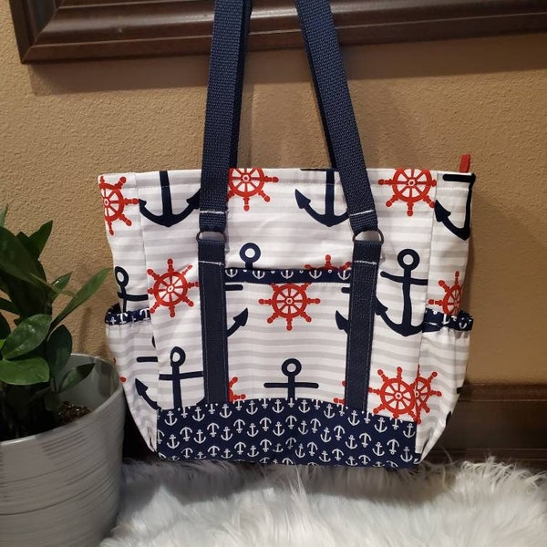 Professional mini tote, laptop bag, travel bag, Red, white, and blue nautical