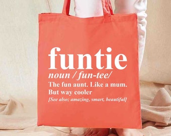 Funtie Auntie Tote bag, cadeau, noir, blanc, or rose, rose, texte amusant, tante, maman sœur, Smart Amazing, conception de dictionnaire, nom, shopping