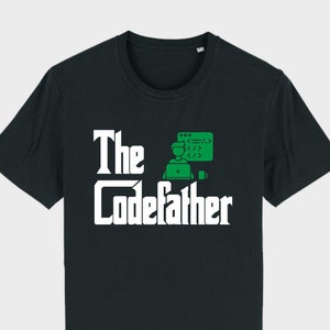 May include: Black t-shirt with white text that reads "The CodeFather" and a green illustration of a person coding in front of a computer screen.