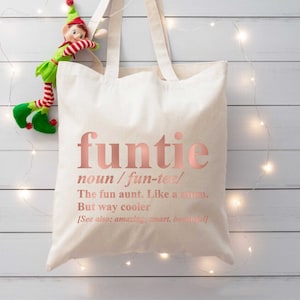 Funtie Auntie トートバッグ、ギフト、ブラック、ホワイト、ローズゴールド、ピンク、楽しいテキスト、叔母、ママ、姉妹、スマート、素晴らしい、辞書デザイン、名詞、ショッピング