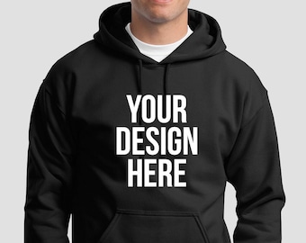 Custom Printed Hoodie Unisex Personalised Black Pullover Workwear Event, Printing with your Logo or Design or Text