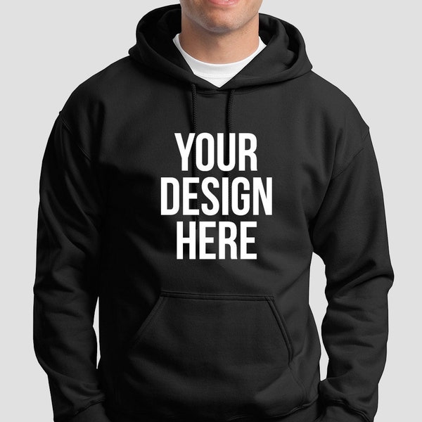 Custom Printed Hoodie Unisex Personalised Black Pullover Workwear Event, Printing with your Logo or Design or Text