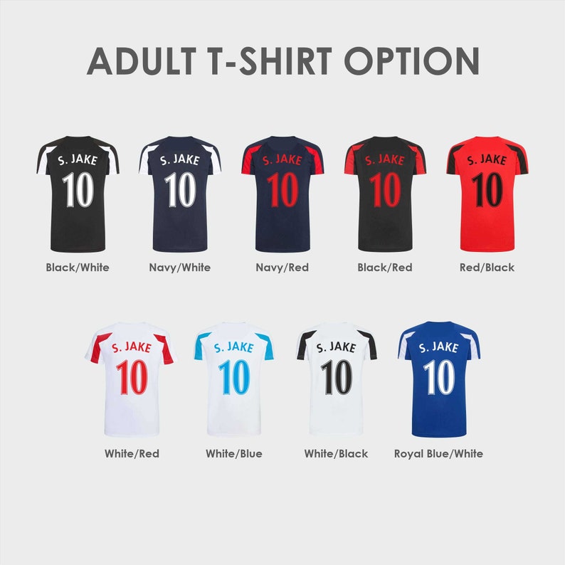 May include: A selection of adult t-shirts in various color combinations. The shirts feature a white number "10" and the text "S. JAKE" on the back. The color combinations include black/white, navy/white, navy/red, black/red, red/black, white/red, white/blue, white/black, and royal blue/white.
