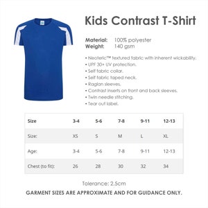 May include: A blue and white contrast kids' t-shirt with raglan sleeves. The size chart shows sizes 3-4, 5-6, 7-8, 9-11, and 12-13 with corresponding chest measurements in inches. The material is 100% polyester and weighs 140 gsm.  The t-shirt is made with Neoteric&trade; textured fabric with inherent wickability, UPF 30+ UV protection, self fabric collar, self fabric taped neck, contrast inserts on front and back sleeves, twin needle stitching, and a tear out label.