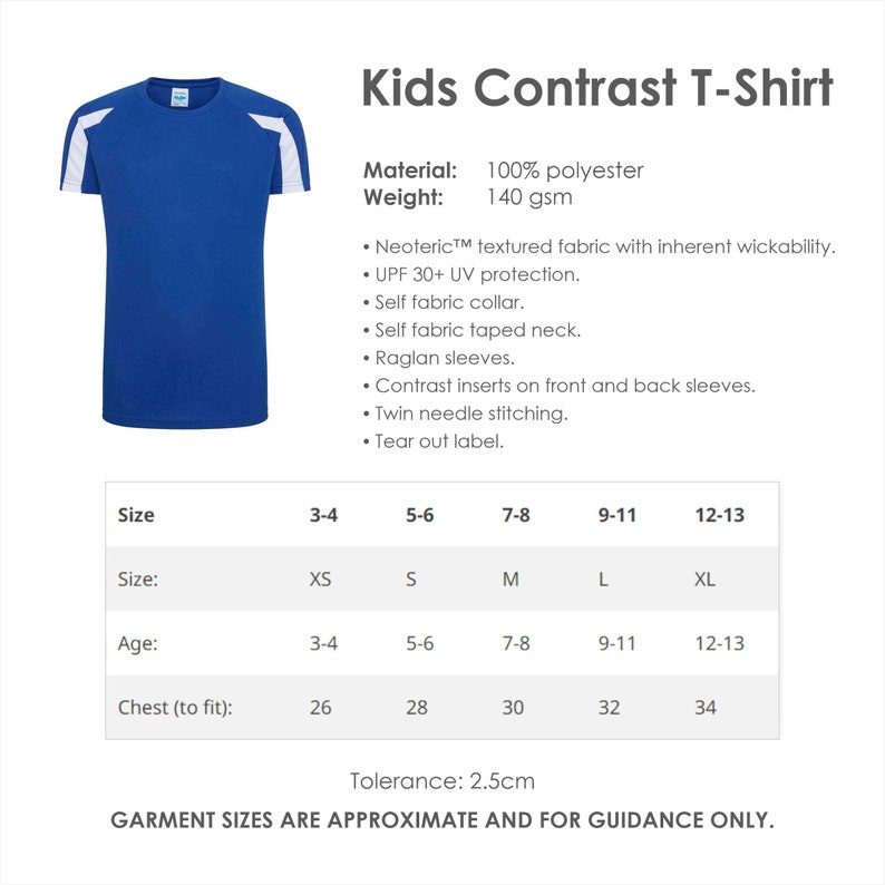 May include: A blue and white contrast kids' t-shirt with raglan sleeves. The size chart shows sizes 3-4, 5-6, 7-8, 9-11, and 12-13 with corresponding chest measurements in inches. The material is 100% polyester and weighs 140 gsm.  The t-shirt is made with Neoteric&trade; textured fabric with inherent wickability, UPF 30+ UV protection, self fabric collar, self fabric taped neck, contrast inserts on front and back sleeves, twin needle stitching, and a tear out label.