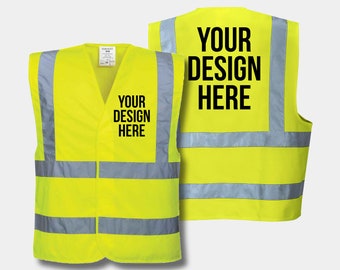 Gilet haute visibilité jaune imprimé personnalisé avec n’importe quel logo, texte ou design, sécurité, visibilité, vêtements de travail, extérieur, constructeur