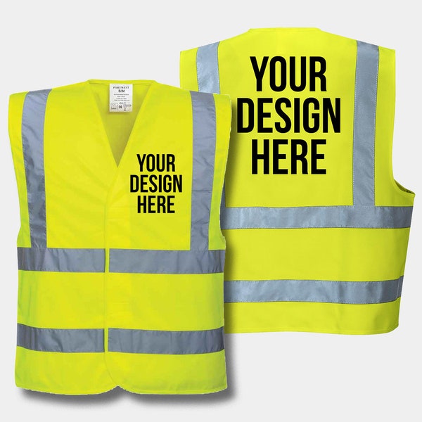 Personalised Custom Printed Yellow Hi Vis vest with Any Logo, Text or Design, Safety, Visibility, Workwear, Outdoor, Builder