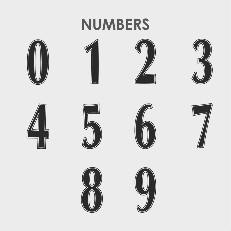 May include: A set of black numbers, 0 through 9, with a white outline. The numbers are in a bold, stylized font. The word "NUMBERS" is written in black above the numbers.