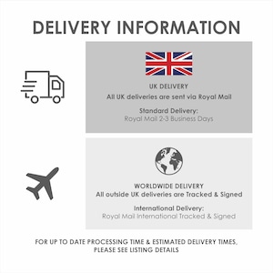 May include: Delivery information for UK and worldwide orders. UK deliveries are sent via Royal Mail with a standard delivery time of 2-3 business days. Worldwide deliveries are tracked and signed.