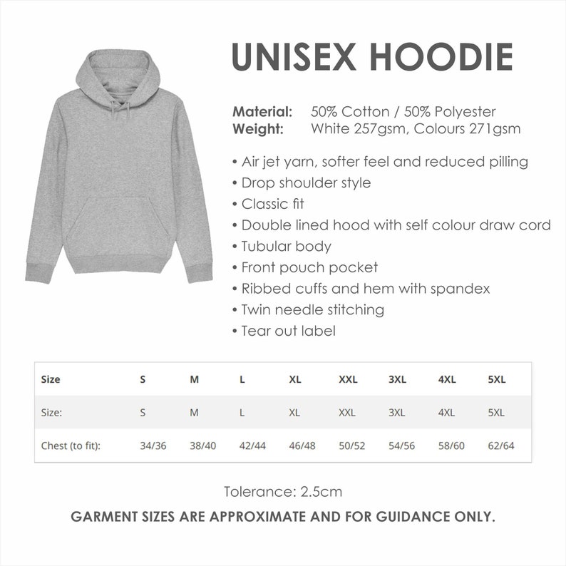 May include: A gray unisex hoodie with a drawstring hood and a front pouch pocket. The hoodie is made of 50% cotton and 50% polyester. The size chart shows measurements in inches.