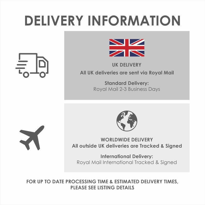 May include: Delivery information for UK and worldwide orders. UK deliveries are sent via Royal Mail with a standard delivery time of 2-3 business days. Worldwide deliveries are tracked and signed.