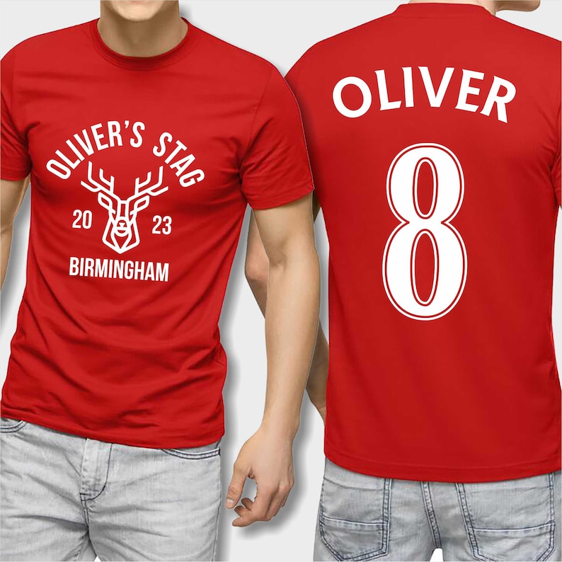 May include: Red t-shirt with a white stag graphic and the text "Oliver's Stag 20 23 Birmingham" on the front. The back of the shirt has the name "Oliver" and the number "8" in white.